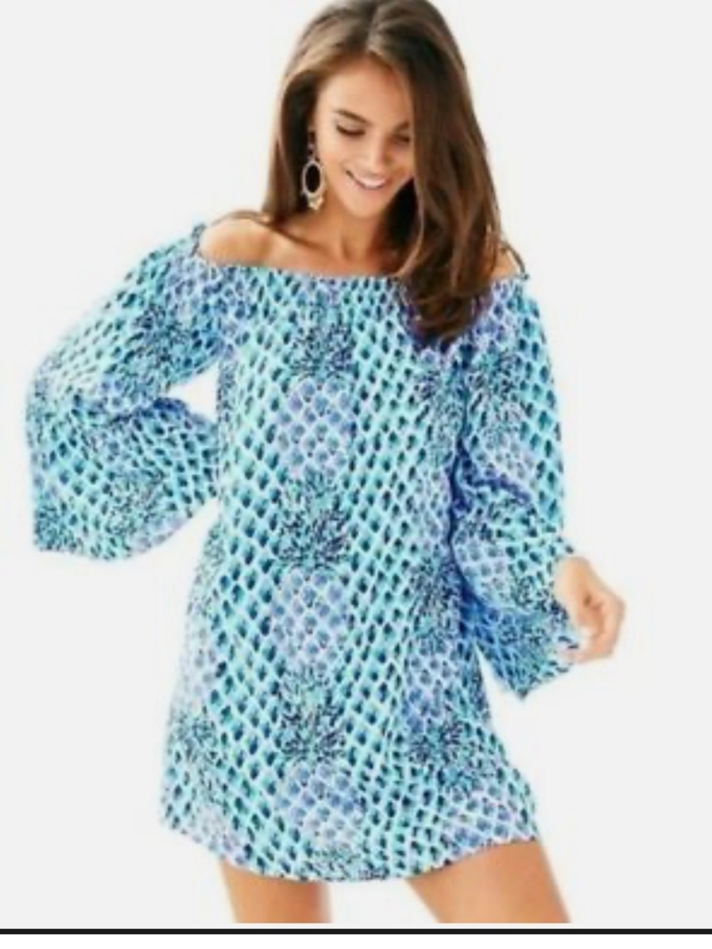 Lilly Pulitzer Nevie Off Shoulder Toe In Blue White Pineapple Resort Dress M